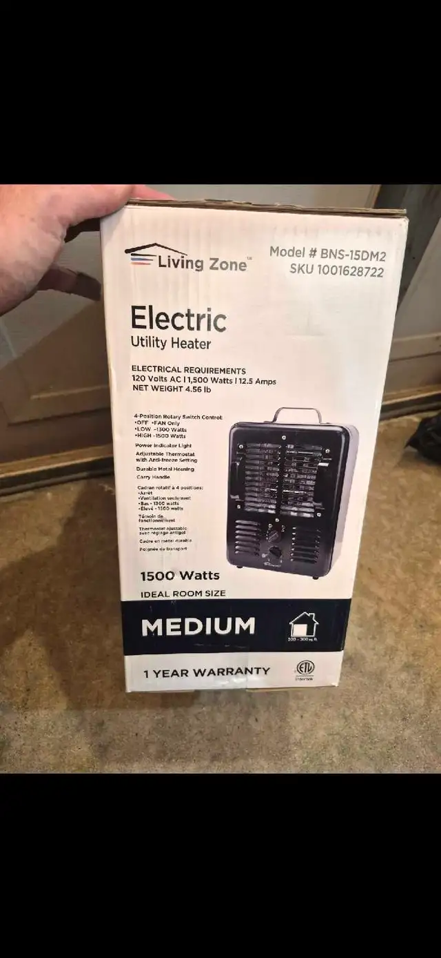 New Living Zone 1500W Heavy Duty Metal Electric Utility Heater 