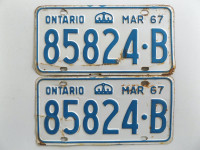 ORIGINAL EXTRA RARE VINTAGE PAIR of 1967 ONTARIO LICENSE PLATES