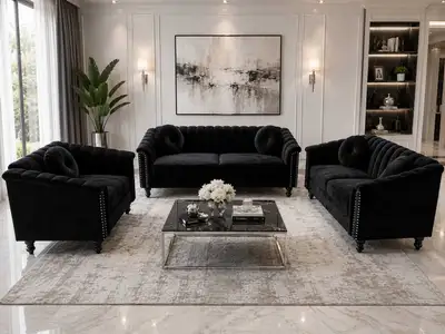 Black Velvet Tufted Sofa Set with Nailhead Trim, View more