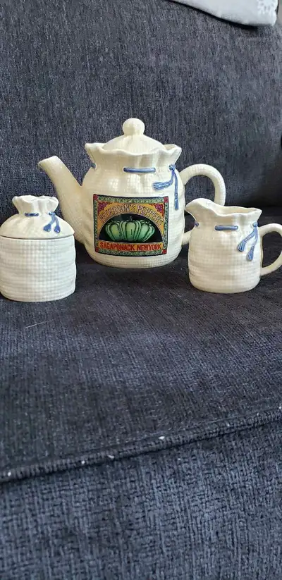 Vintage teapot, cream and sugar set, View more