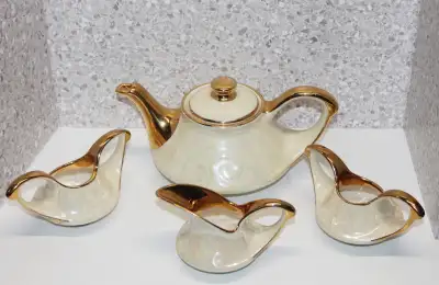 Vintage Pearl China Co. USA Teapot Set Ivory Iridescent & 22K, View more