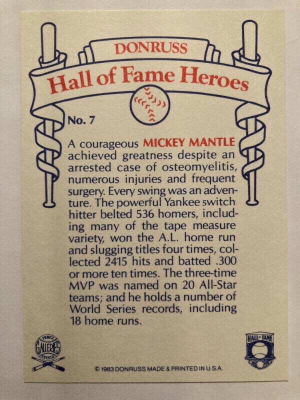 1983 Donruss Hall Of Fame Heroes Set-Mantle,Aaron in Arts & Collectibles in Bedford - Image 2