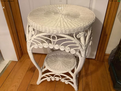 Vintage Ornate Two Tiered Rattan and Wicker Table, View more
