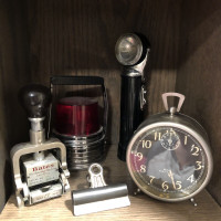 Misc Antique display items. Stamp, clock , lights