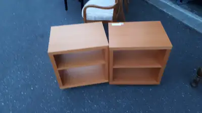 2 WOODEN ROLLING END TABLES, View more