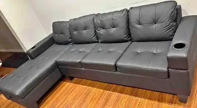 Black Faux Leather New Sectional Sofa. Free Delivery , View more