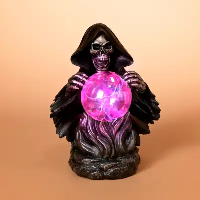 Resin "GRIM REAPER BUST" stands 9.4" H. Plasma stream attracts to touch. 4 x "AA" Batteries Required...