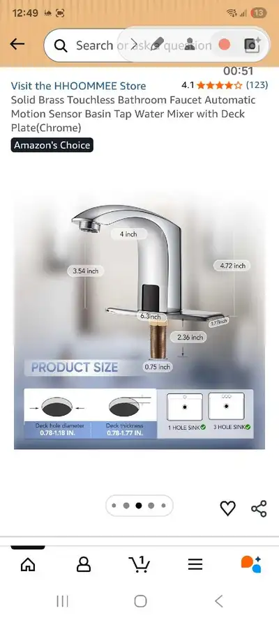 This is a solid brass touchless bathroom faucet with an automatic motion sensor, designed for basin...