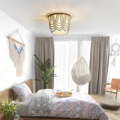 White Boho 3-Light Bead Chandelier - Wood Beaded Ceiling Fixture, View more