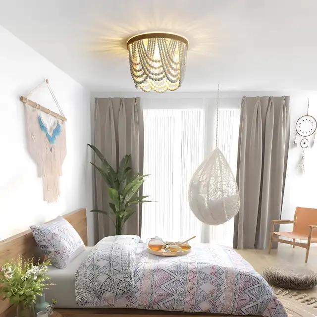 White Boho 3-Light Bead Chandelier - Wood Beaded Ceiling Fixture in Indoor Lighting & Fans in Mississauga / Peel Region - Image 2