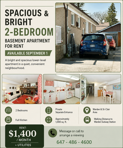 A bright and spacious basement (lower-level apartment) in a quiet neighborhood is available for rent...