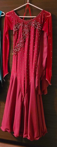 Ballroom dark red burgundy dress with long sleeves body tones