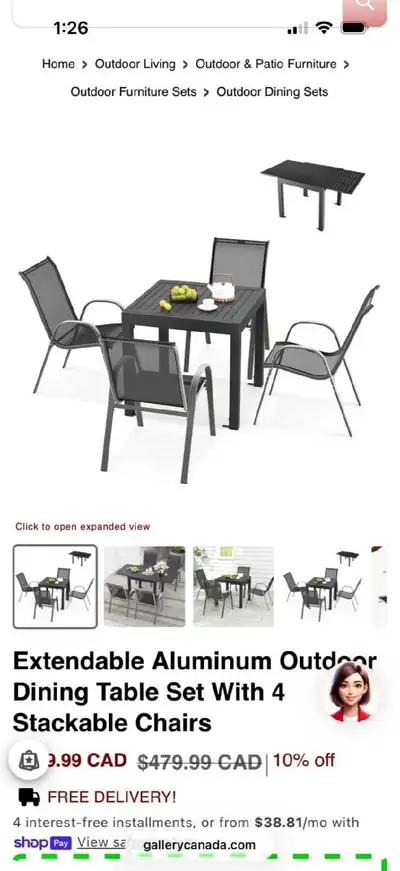 Extendable Aluminum Outdoor Dining Set  Table + 4 Stackable Chai, View more