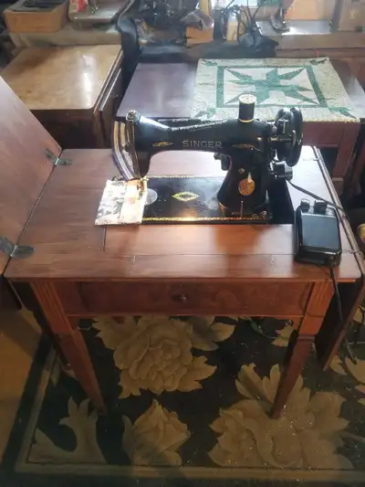 vintage singer 15-90 sewing machine in refinished cabinet , View more