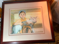 Adorable Signed Print of an Amish/Mennonite Young Girl &  Lamb