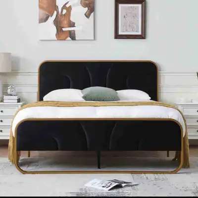 Black & Gold Queen Bedframe + Mattress (Like New, View more