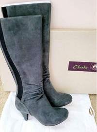 NEW Womens Clarks Boots Grey Leather Suede Knee High 9.5
