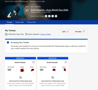 x2 Diljit Dosanjh tickets Toronto May 31, Section 127 (very clos, View more