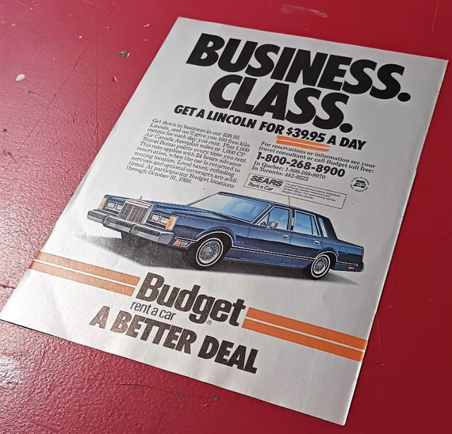 RETRO 1986 BUDGET AD WITH LINCOLN TOWN CAR VINTAGE ANNONCE dans Art et objets de collection  à Ville de Montréal