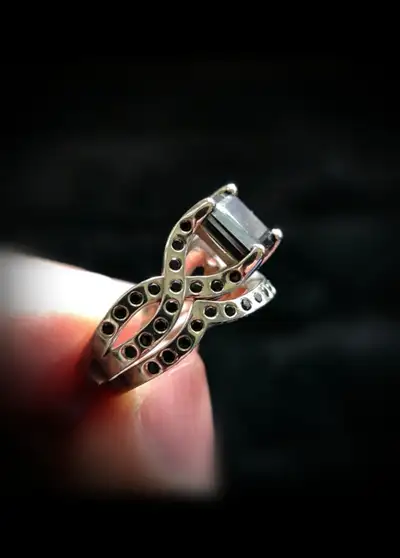 1.15Ct natural black diamond, princess cut, engagement ring & wedding band in 14Kt white gold set $2...