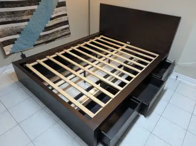 EQ3 Boom Storage Bed in queen size, walnut finish with headboard and storage drawers on both sides....