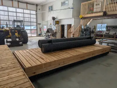 Custom Docks for sale fabricated on custom welded floats. Up to eight feet wide and the floats can b...