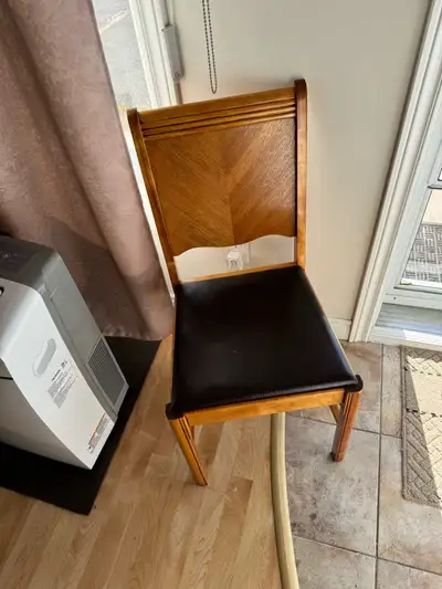 FINISHED WOODEN ANTIQUE CHAIR W LEATHER SEAT, View more