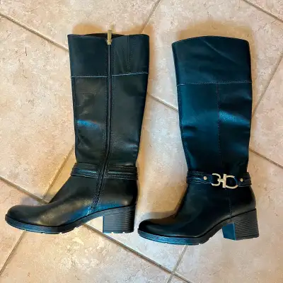 Bandolino brand high boots, black, real leather, with gold coloured accents Brand new, never worn. N...