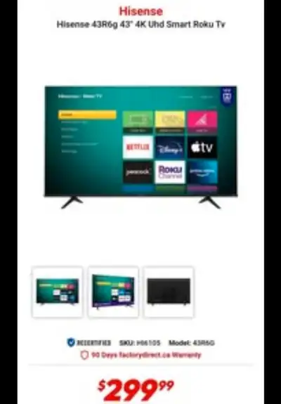 This is a brand new open box 43 inch HISENSE 4K Roku Smart TV amazing sound and picture Quality. Mod...