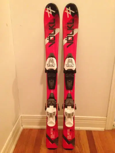 Volkl 90cm kid's skis, Unlimited AC with Marker 4.5 bindings and new white tips. Some marking from s...