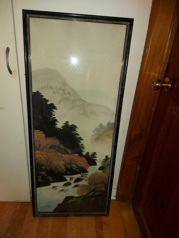 Nice large 42" by 17" vintage Japanese original watercolor Mount dans Art et objets de collection  à Ouest de l’Île