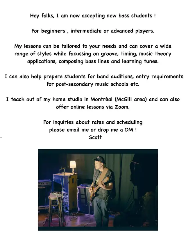 Bass teacher available in Montréal.  25 + years pro experience.