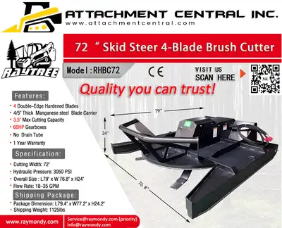 Raytree 4 Blade 72" Brush Cutter Skid Steer Attachment, View more