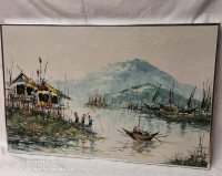 1970s original framed painting on canvas, Asian Tropics village
