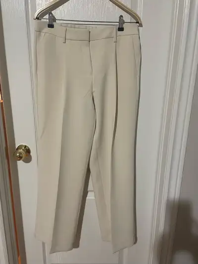 Off white/cream crepe pleated wide leg dress pants women, View more