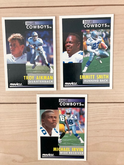 1991 Pinnacle Aikman, Smith and Irvin football cards, View more