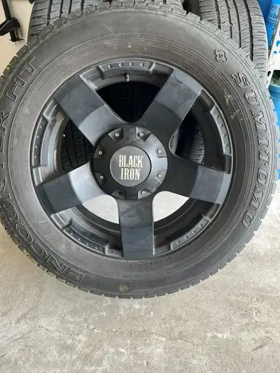 4 BF Goodrich All-Terrain KO2 tires with custom Black Iron Legend Rims. Tire Tread 9/32nd