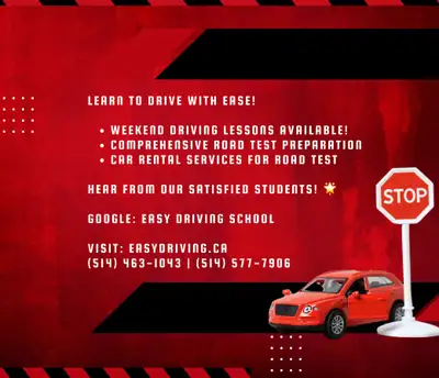 Learn to Drive with Ease! Weekend driving lessons available! Comprehensive road test preparation Car...