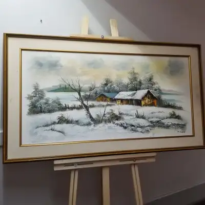 Add a touch of winter's charm to your home with this: P. Finch signed, framed winter landscape paint...