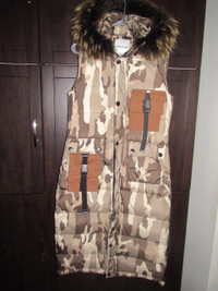 Camouflage extra long Fox fur hooded side slit women winter vest