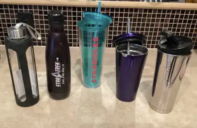 $5 each Glass water bottle with black silicone sleeve NEW Black Metal bottle “Star Trek” NEW Green P...