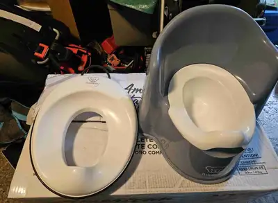 BabyBjorn Potty Trainer toilet seat and potty chair. Cleaned and sanitized. Both for only $20 https:...