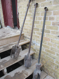 3 OLD CAST IRON POST HOLE AUGER TOOLS $30. EA. FENCE MAKING