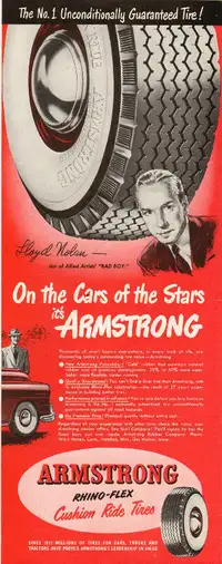 1949 Half-page magazine ad for Armstrong Tires with Lloyd Nolan