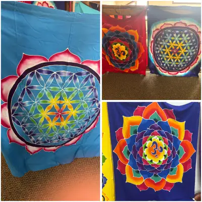 3 foot sq HandPainted batik square Mandala Om navy/red/turq, View more