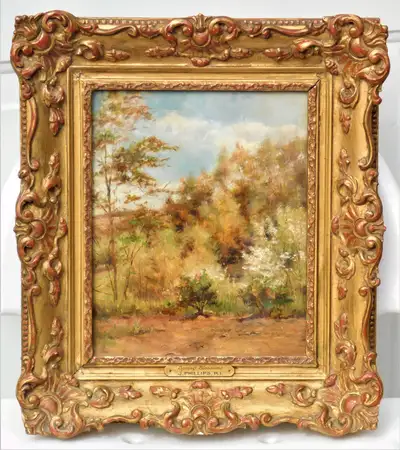 Antique oil-on-board painting SPRING BLOSSOMS by J Phillips, View more