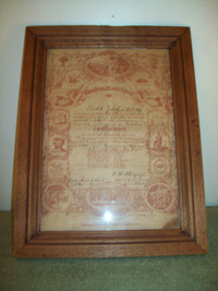Antique  Wood frame and original Baptismal certificate Local