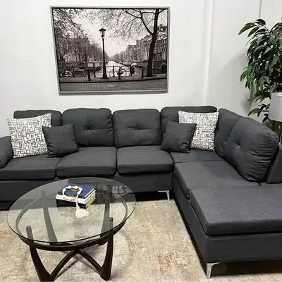Canapé sectionnel réversible gris avec pouf neuf, View more