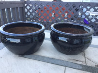 2 Black Ceramic Garden Plant Pots
