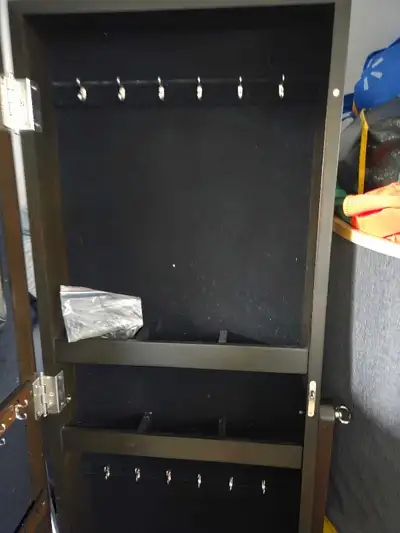 Organize your collection with this stylish floor-standing mirror featuring a hidden velvet-lined jew...